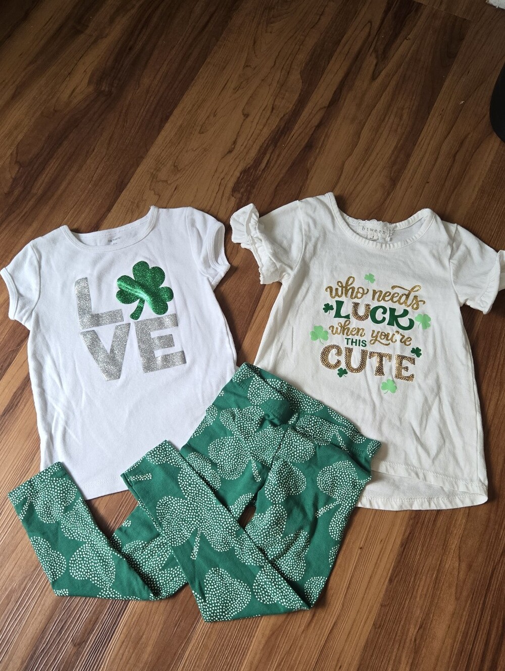 St. Patrick's Day Girls' Shamrock Outfit set short sleeve shirt & pants 4T EUC